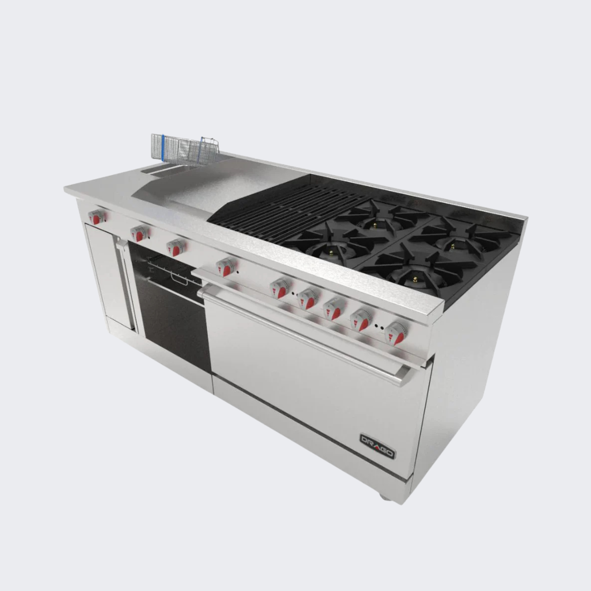 Drago | Estufa 4 Quemadores, Horno, Asador de 1 Pie, Plancha de 1.5 Pies, Freidora y Gratinador | UNIVERSAL STD | Nuevo